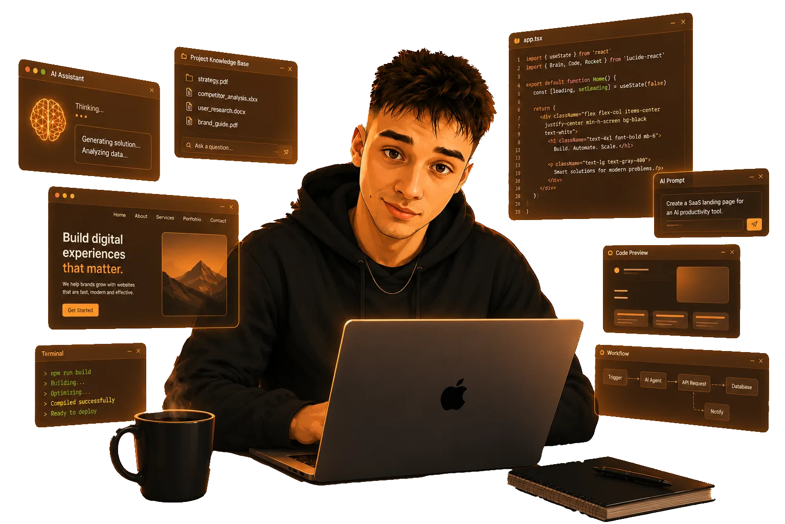 Ilustrovaný Jonáš u notebooku obklopený plovoucími okny - kód, AI asistent, weby a workflow