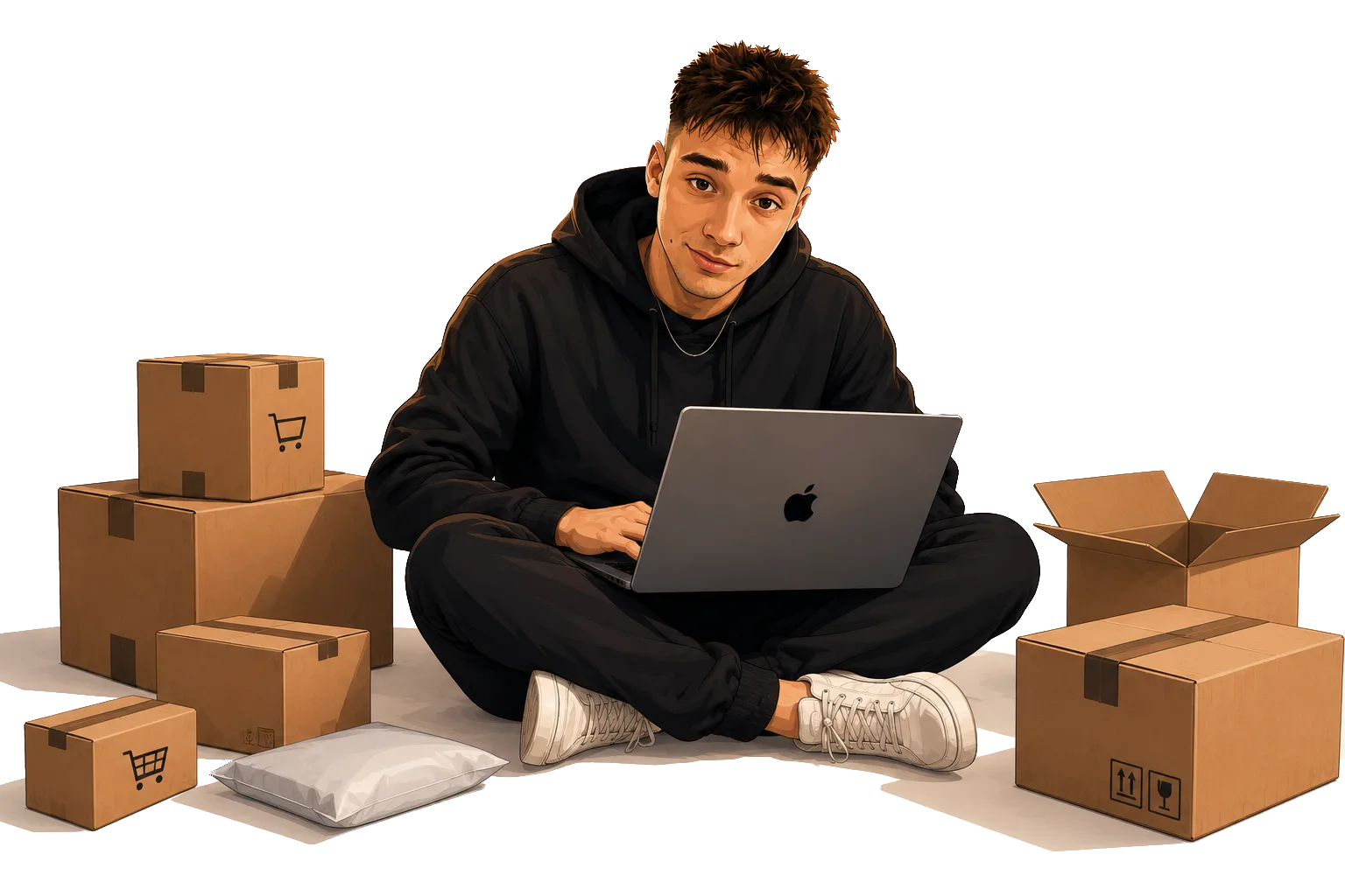 Ilustrovaný Jonáš s notebookem mezi balíky - e-commerce a resell