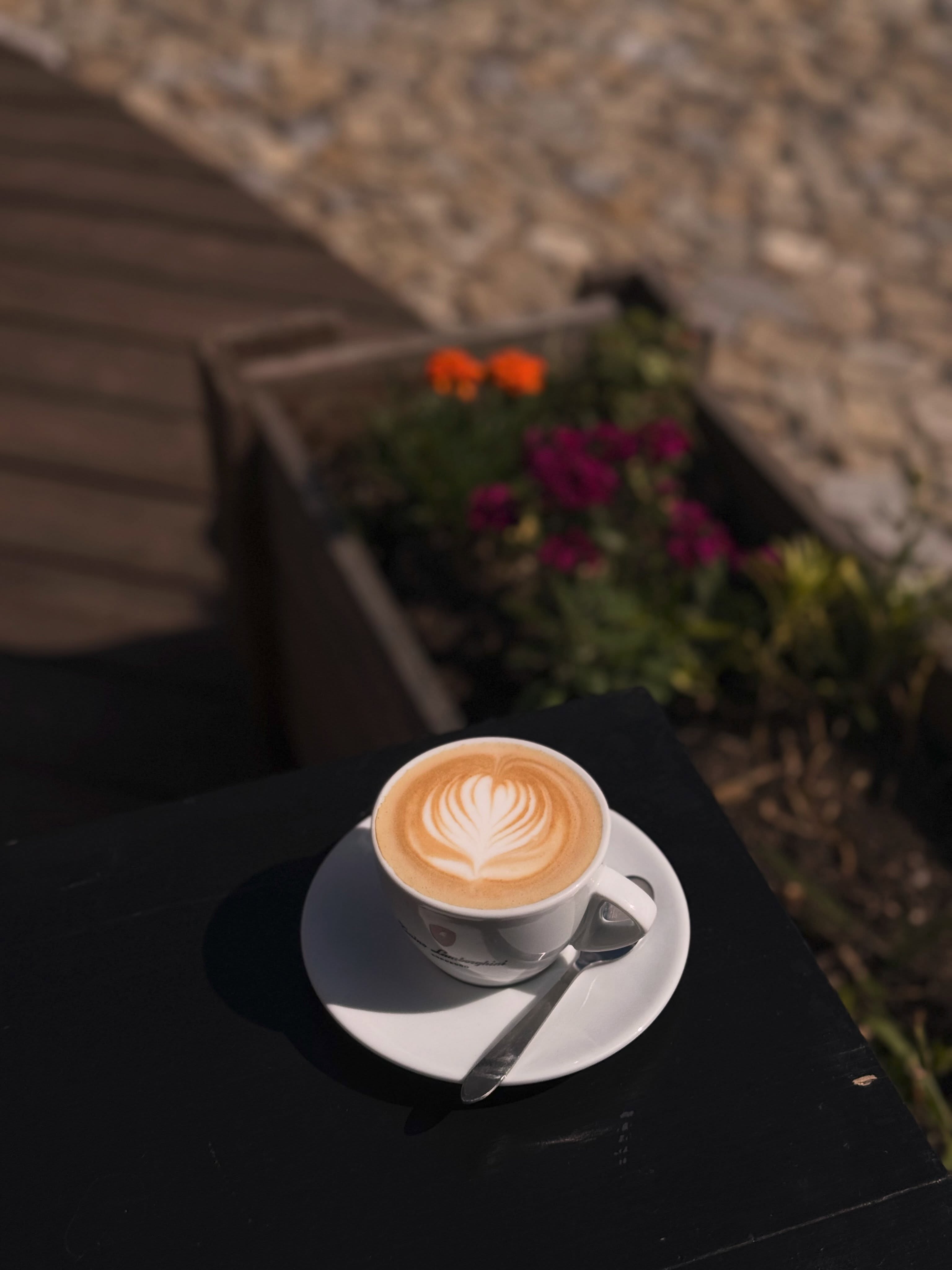 Cappuccino v šálku Tonino Lamborghini na slunci s květinami